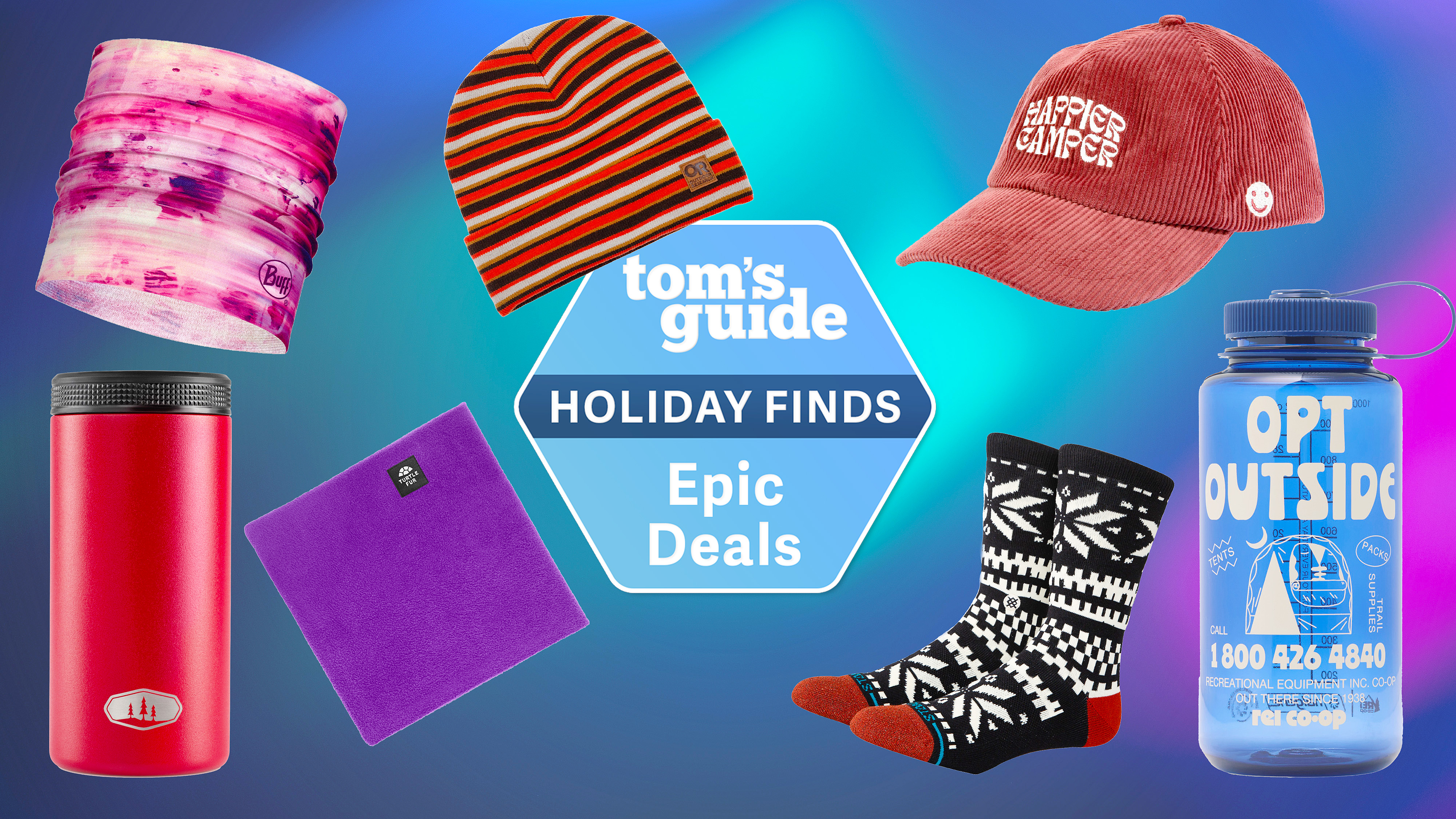 REI sales items including hats, beanies, neck warmers and water bottles shown floating on a colorful background