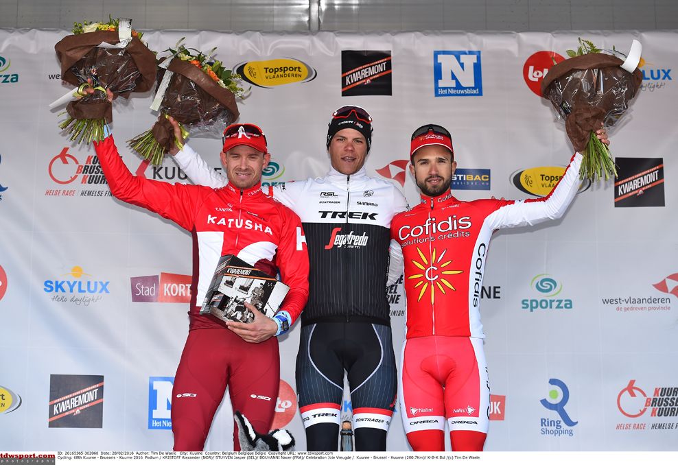 Jasper Stuyven (Trek-Segafredo), Kristoff (Katusha) and Bouhanni (Cofidis)