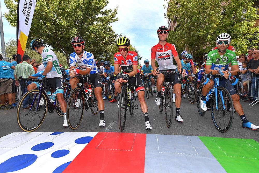 The jersey holders on the start line at stage 19 of the Vuelta a Espana