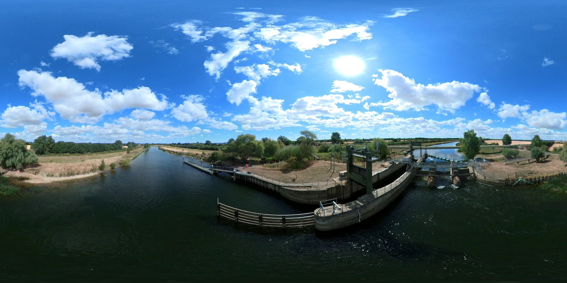 Insta360 Sphere video grab. 360 image of a canal lock.