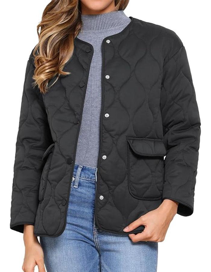 Allegra K Quilted Jackets for Women Button Down Puffer Lightweight Jacket Trendy Casual Outerwear Winter Coat With Pockets Small Black
