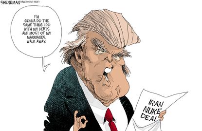 Political cartoon U.S. Trump Iran nuclear deal debt marriage