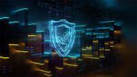 Shield icon on dark digital background. Cybersecurity & network security Concept.