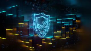 Shield icon on dark digital background. Cybersecurity & network security Concept.