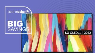 LG C2 OLED on purple background with TR's Big Savings badge 