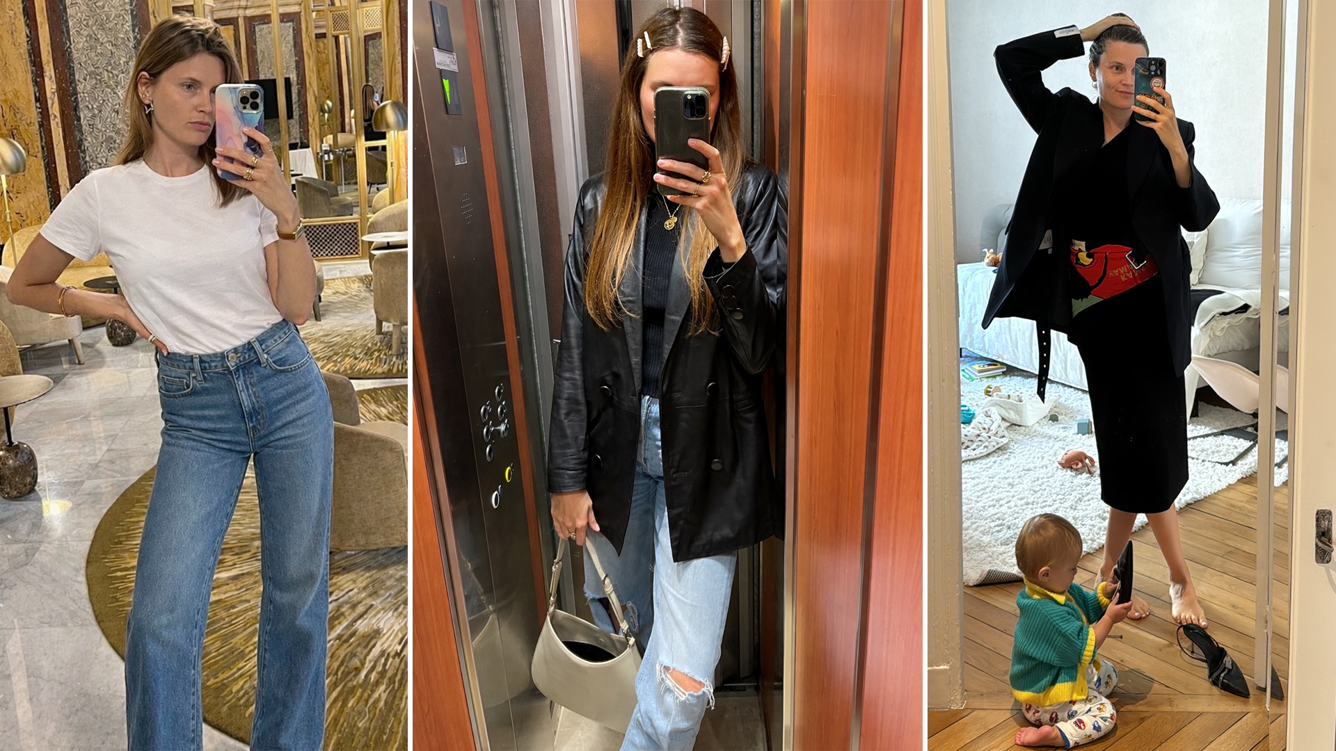 Collage of French writer and editor Eugenie Trochu posing for mirror selfies wearing chic outfits with the best accessories for 2026.