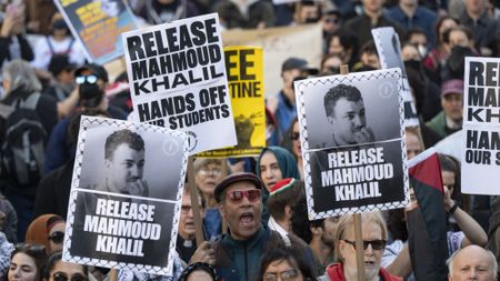 People call for the release of Mahmoud Khalil during a protest in New York City on March 10, 2025.