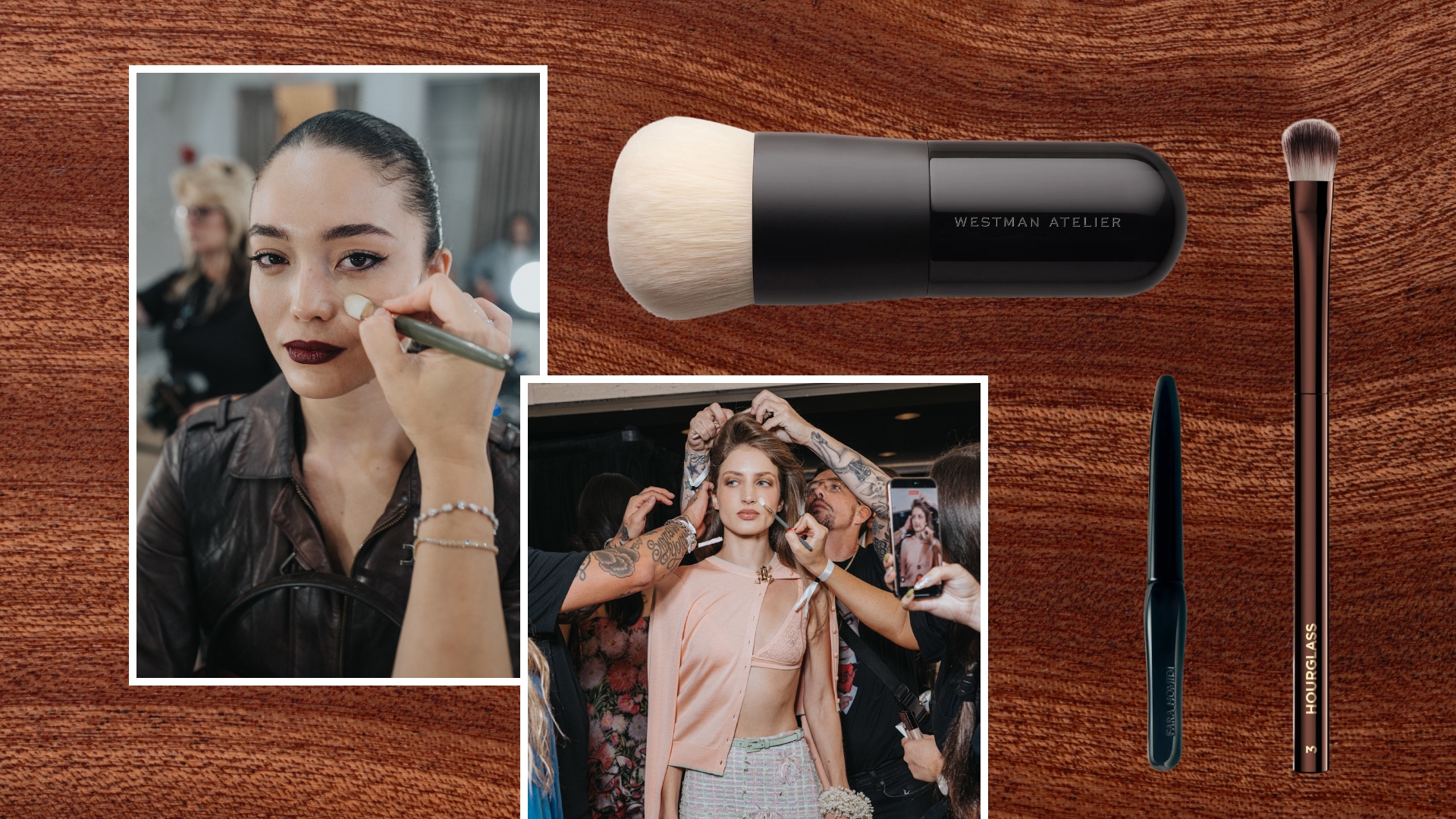 brown background with makeup brushes on top and two models backstage at nyfw getting their makeup done 