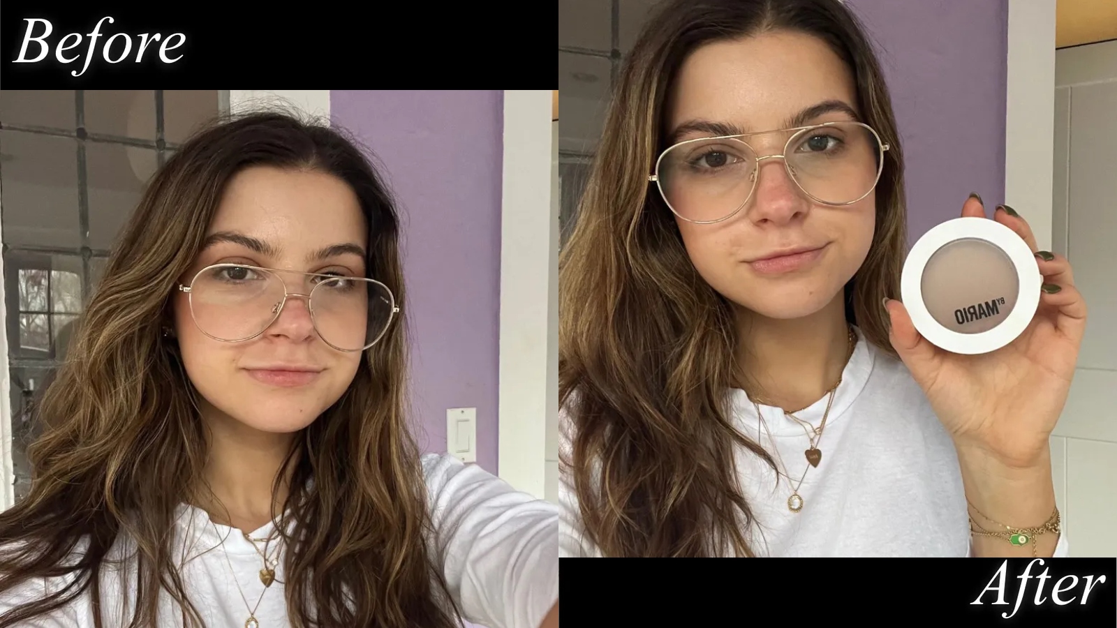 Danielle Cohen before and after using the Makeup by Mario SoftSculpt Transforming Skin Enhancer with glasses and a white t-shirt against a purple background.