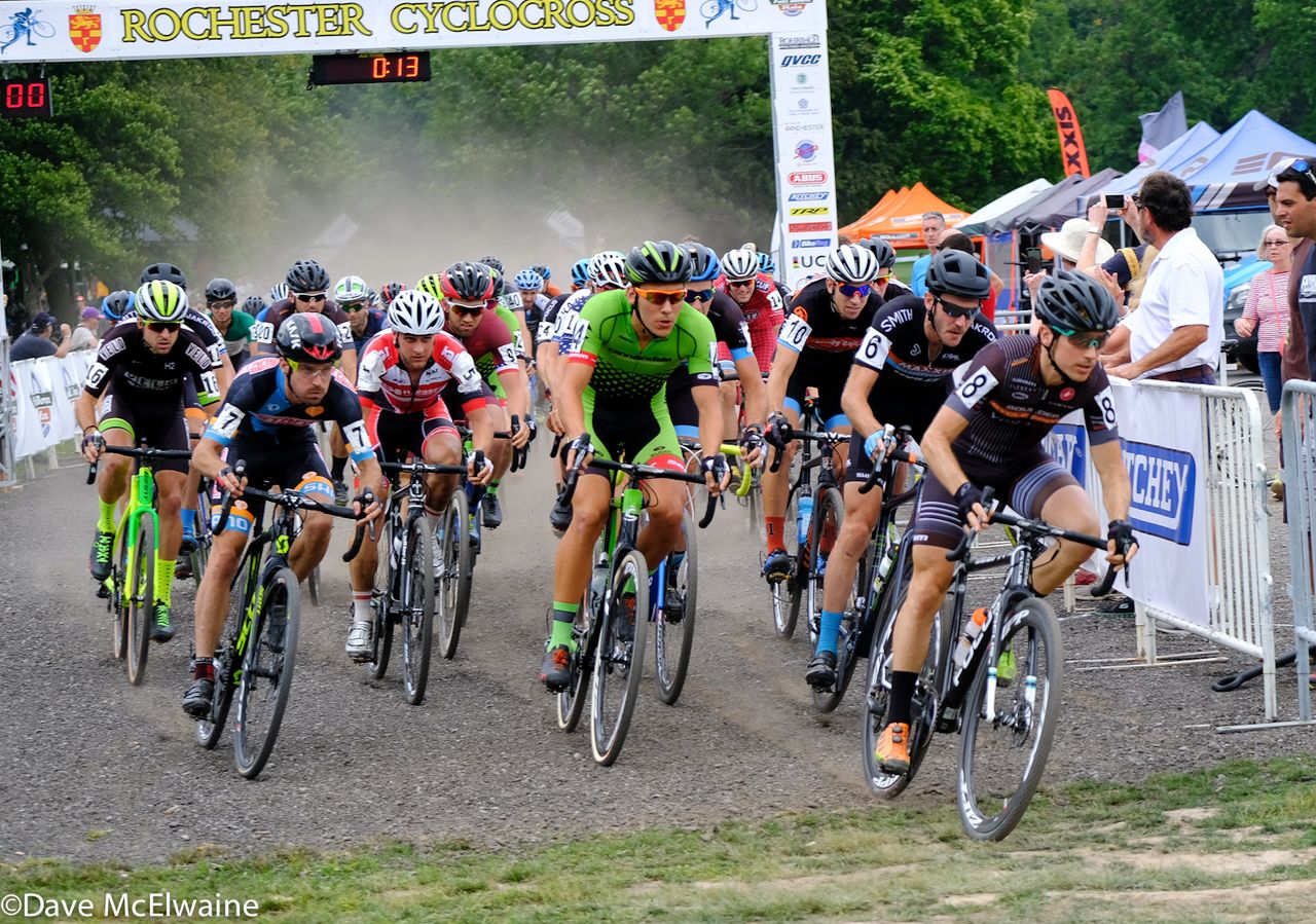 Allen Krughoff (Boulder Cycle Sport) leads the Elite Men onto the course.