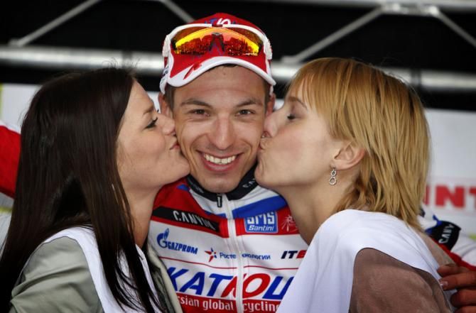 A kiss for the win. A smiling Rudiger Selig (Katusha) on the podium
