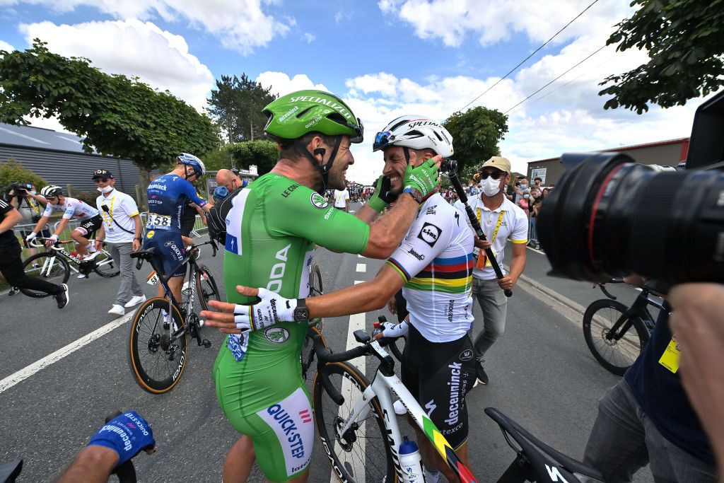 CHATEAUROUX FRANCE JULY 01 Mark Cavendish of The United Kingdom Green Points Jersey Julian Alaphilippe of France and Team Deceuninck QuickStep celebrates at arrival during the 108th Tour de France 2021 Stage 6 a 1606km stage from Tours to Chteauroux LeTour TDF2021 on July 01 2021 in Chateauroux France Photo by David Stockman PoolGetty Images