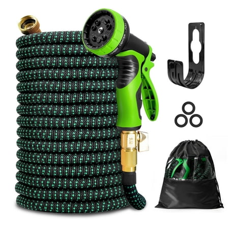 Kotto 100 Ft Flexible Garden Hose, Water Hose for Outside With 10 Spray Nozzles, Brass Connector, Leak-Proof, Green