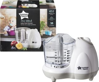 The Tommee Tippee Mini Baby Food Blender pictured alongside the packaging it comes in