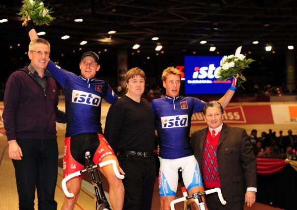 Bartko and Kluge celebrate their victory in the team elimination event.