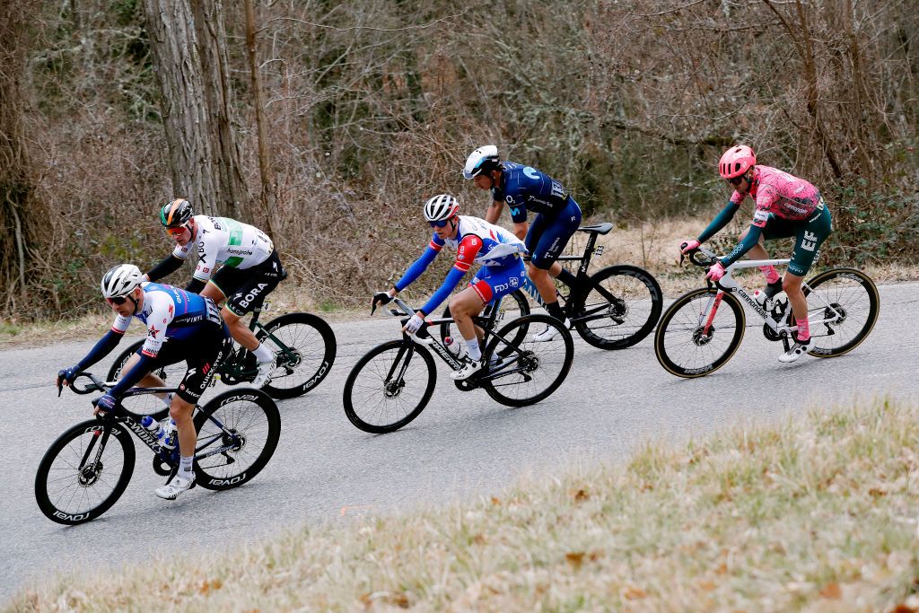 COL DE TURINI FRANCE MARCH 12 LR Michael Morkov of Denmark and Team QuickStep Alpha Vinyl Ryan Mullen of Ireland and Team Bora Hansgrohe David Gaudu of France and Team Groupama FDJ Ivan Garcia Cortina of Spain and Movistar Team and Simon Carr of United Kingdom and Team EF Education Easypost compete in the breakaway during the 80th Paris Nice 2022 Stage 7 a 1555km stage from Nice to Col de Turini 1605m ParisNice WorldTour on March 12 2022 in Col de Turini France Photo by Bas CzerwinskiGetty Images