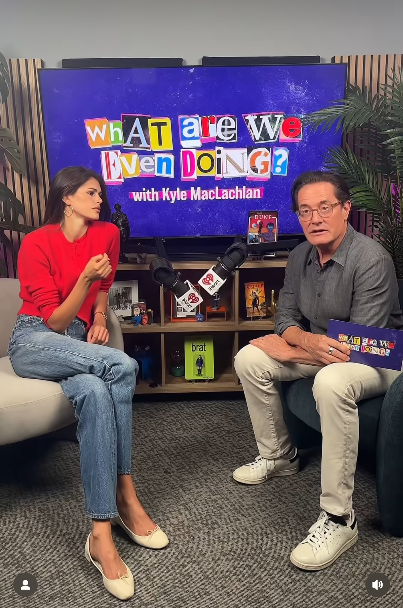 Kaia Gerber made a podcast appearance in a tomato cardigan, jeans, and Repetto ballet flats