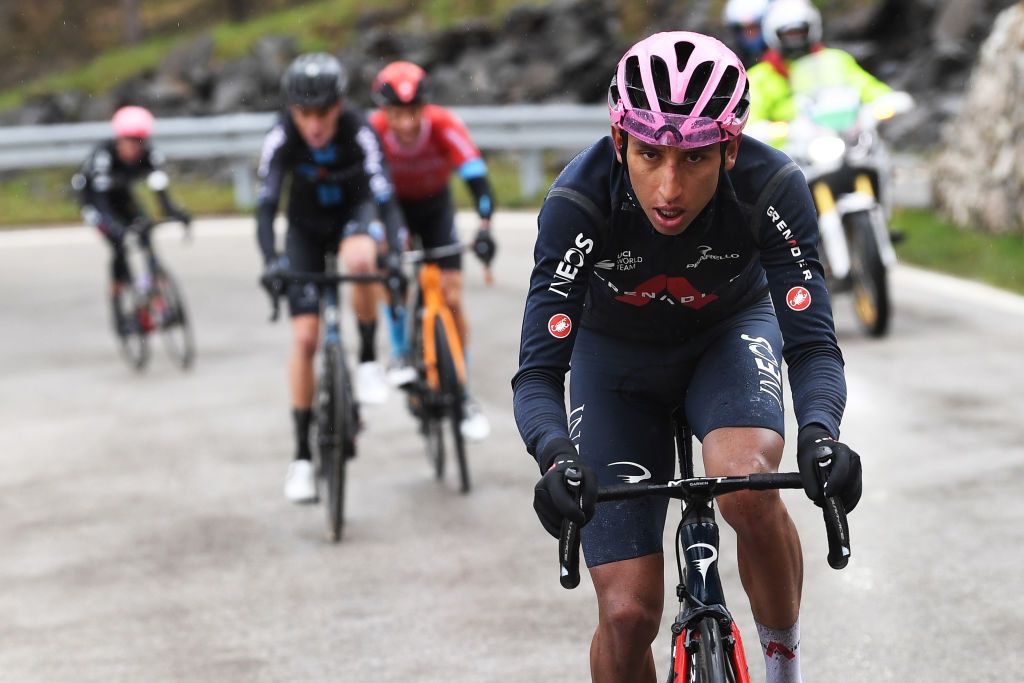 CORTINA DAMPEZZO ITALY MAY 24 Egan Arley Bernal Gomez of Colombia and Team INEOS Grenadiers Pink Leader Jersey attack in breakaway during the 104th Giro dItalia 2021 Stage 16 a 153km stage shortened due to bad weather conditions from Sacile to Cortina dAmpezzo 1210m girodiitalia Giro on May 24 2021 in Cortina dAmpezzo Italy Photo by Tim de WaeleGetty Images