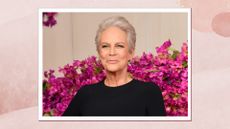 Jamie Lee Curtis is pictured wearing a black dress, with glowing makeup and a pixie haircut whilst attending the 96th Annual Academy Awards on March 10, 2024 in Hollywood, California/ in a pink watercolour template