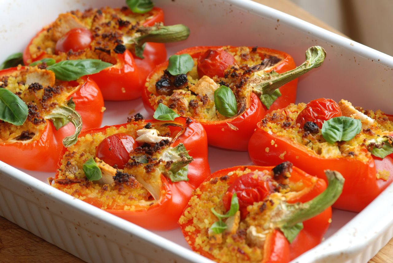 stuffed peppers in a baking tray