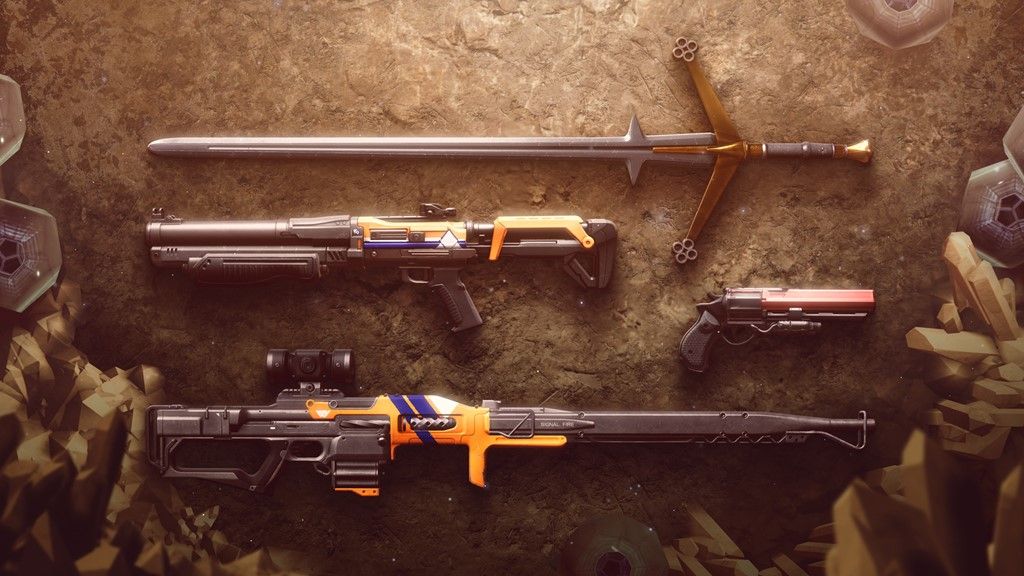 Destiny 2 weapons from the Grasp of Avarice dungeon: Eyasluna, Hero of Ages, Matador 64, and 1000 Yard Stare