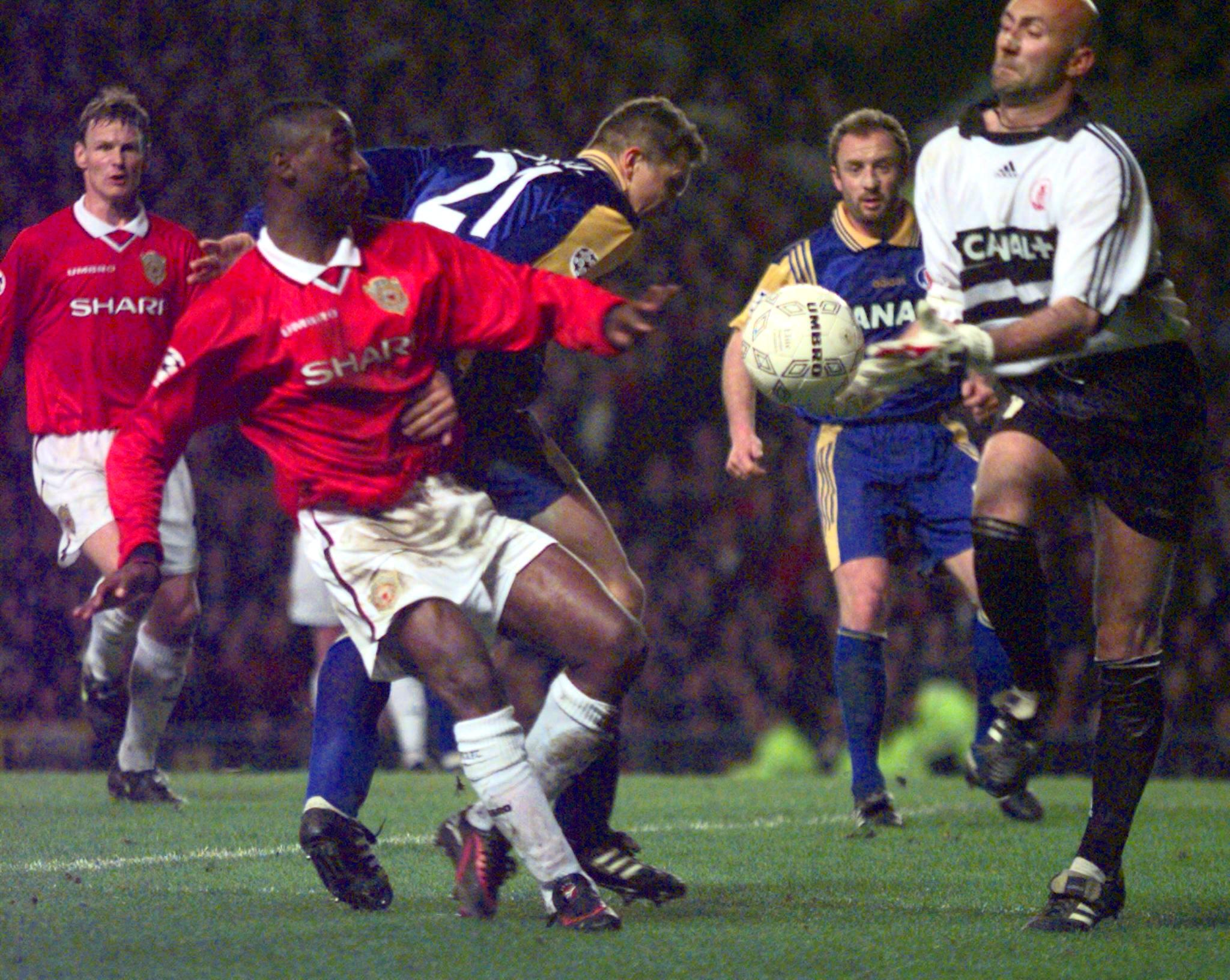 Fabien Barthez makes a save for Monaco against Manchester United in the Champions League in March 1998.