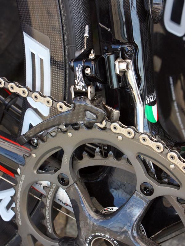 A custom chain watcher is mounted in conjunction with the Campagnolo Super Record front derailleur.