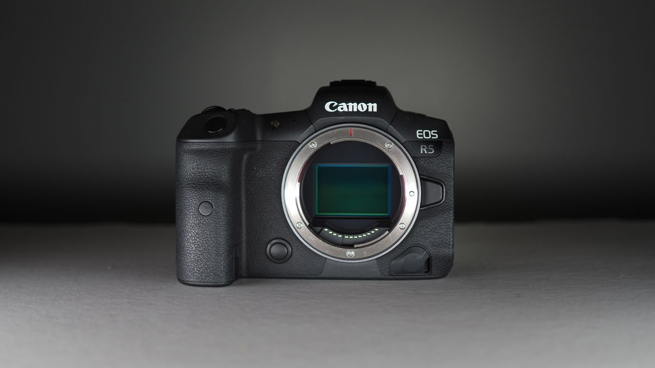 Canon EOS R5 front on view with black background