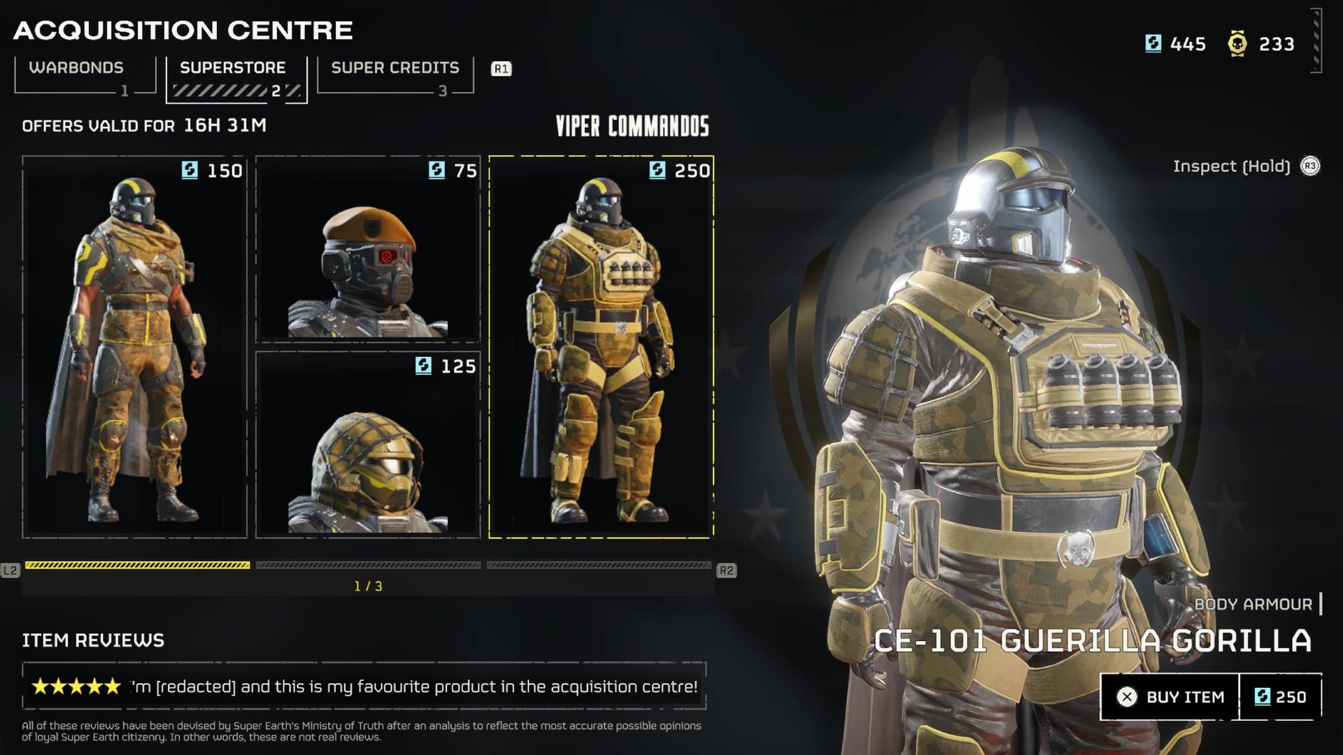 Helldivers 2 Super Credits Superstore body armor for 250 SC
