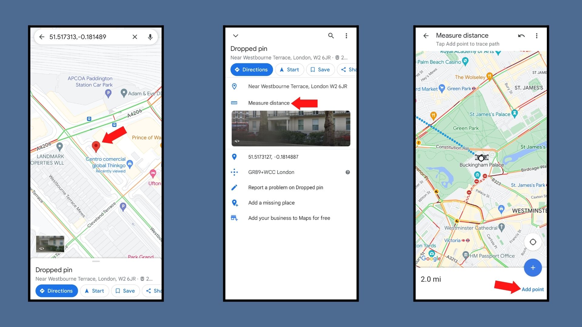 A person measures distance on Google Maps using a smartphone