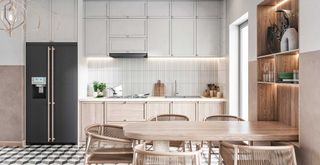 quiet luxury style kitchen with white cabinets and wood paneling