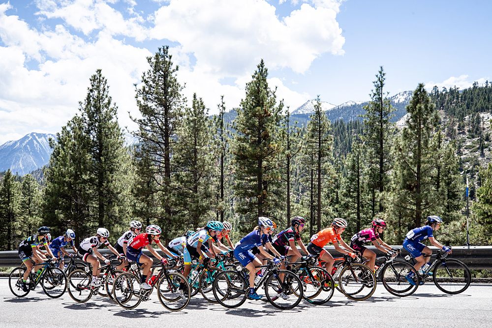 The peloton hits the first climb of the day during stage 2 of the Amgen Tour of California Women's Race