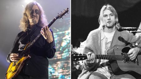 Mikael Åkerfeldt (left) and Kurt Cobain: Åkerfeldt wears dark make-up and plays a PRS electric guitar onstage with Opeth in 2024; This B/W shot of Kurt Cobain was taken during Nirvana's legendary 1993 performance on MTV Unplugged.