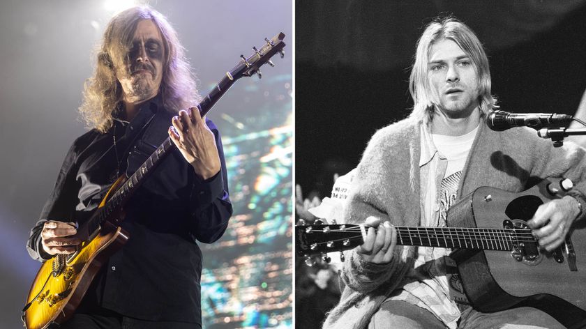 Mikael Åkerfeldt (left) and Kurt Cobain: Åkerfeldt wears dark make-up and plays a PRS electric guitar onstage with Opeth in 2024; This B/W shot of Kurt Cobain was taken during Nirvana&#039;s legendary 1993 performance on MTV Unplugged.