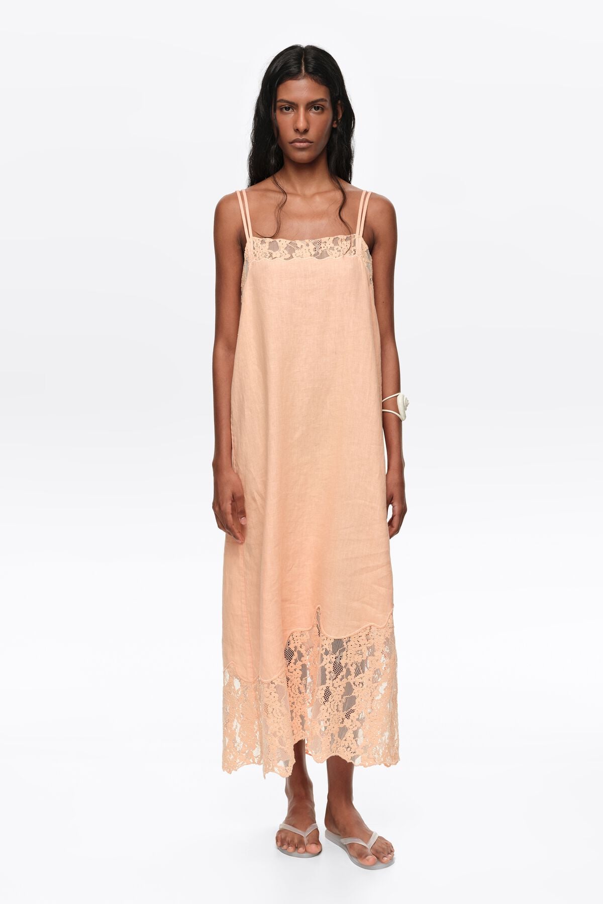 Orange Washed Linen Lace Midi Dress