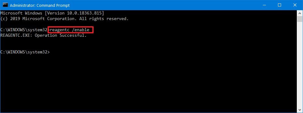 Enable Windows Recovery Environment on Windows 10