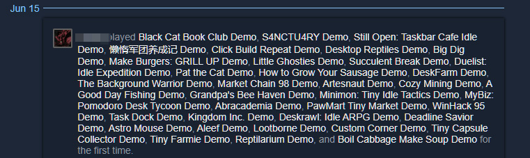 Screenshot of a Steam activity post listing dozens of recently played idler game demos