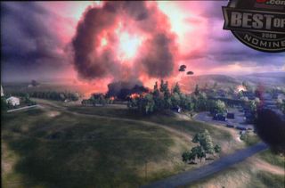The scene becomes a nightmare. As Allied paratroopers land to help quickly fortify your position, a Soviet tactical nuke explodes at one of the key points atop a hill overseeing the town.