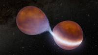 An illustration shows two brown dwarfs in the process of merging