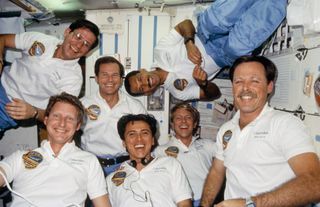 The crew of Sen. Bill Nelson's space shuttle Columbia mission, STS 61-C, which flew in 1986. Nelson is in the middle of the upper row.