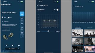 Noble FoKus control app displaying three screens of equalizer presets