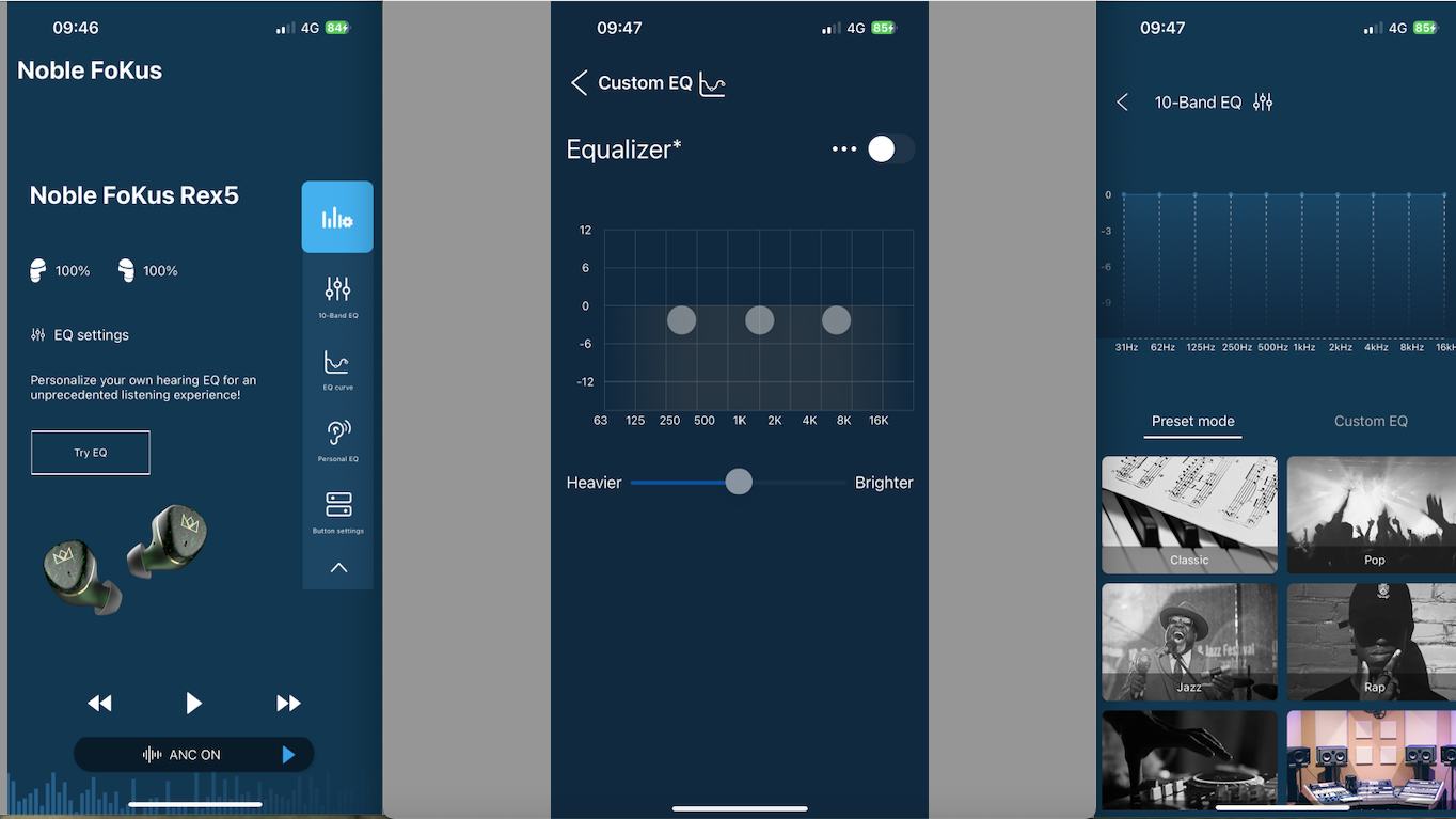 Noble FoKus control app displaying three screens of equalizer presets