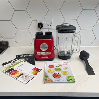 Unboxed Magimix Power Blender with stirring spatula and recipe book