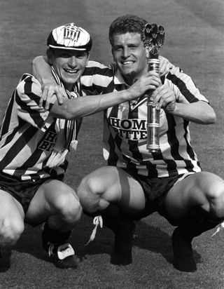 Tommy Johnson, left, and Craig Short celebrate Notts County’s promotion via the 1990 Division Three play-offs