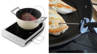 Collage of images showing the probe on the Smeg portable induction hob