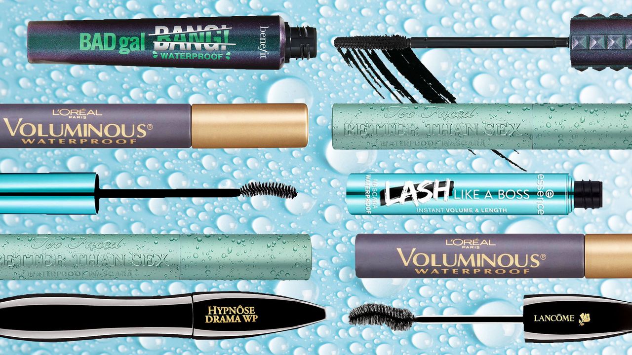 Collage of waterproof mascaras from Benefit, L&#039;Oreal, Essence, Too Faced, Lancome overlaid on water droplets background