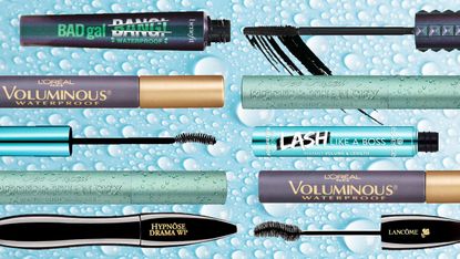 Collage of waterproof mascaras from Benefit, L'Oreal, Essence, Too Faced, Lancome overlaid on water droplets background