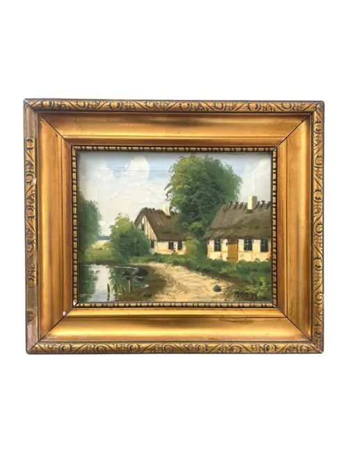 Early 20th Century Countryside Farm In Summer Oil Painting