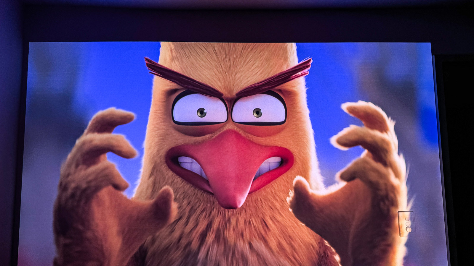 A scene from The Angry Birds Movie 2 projected onto a wall.