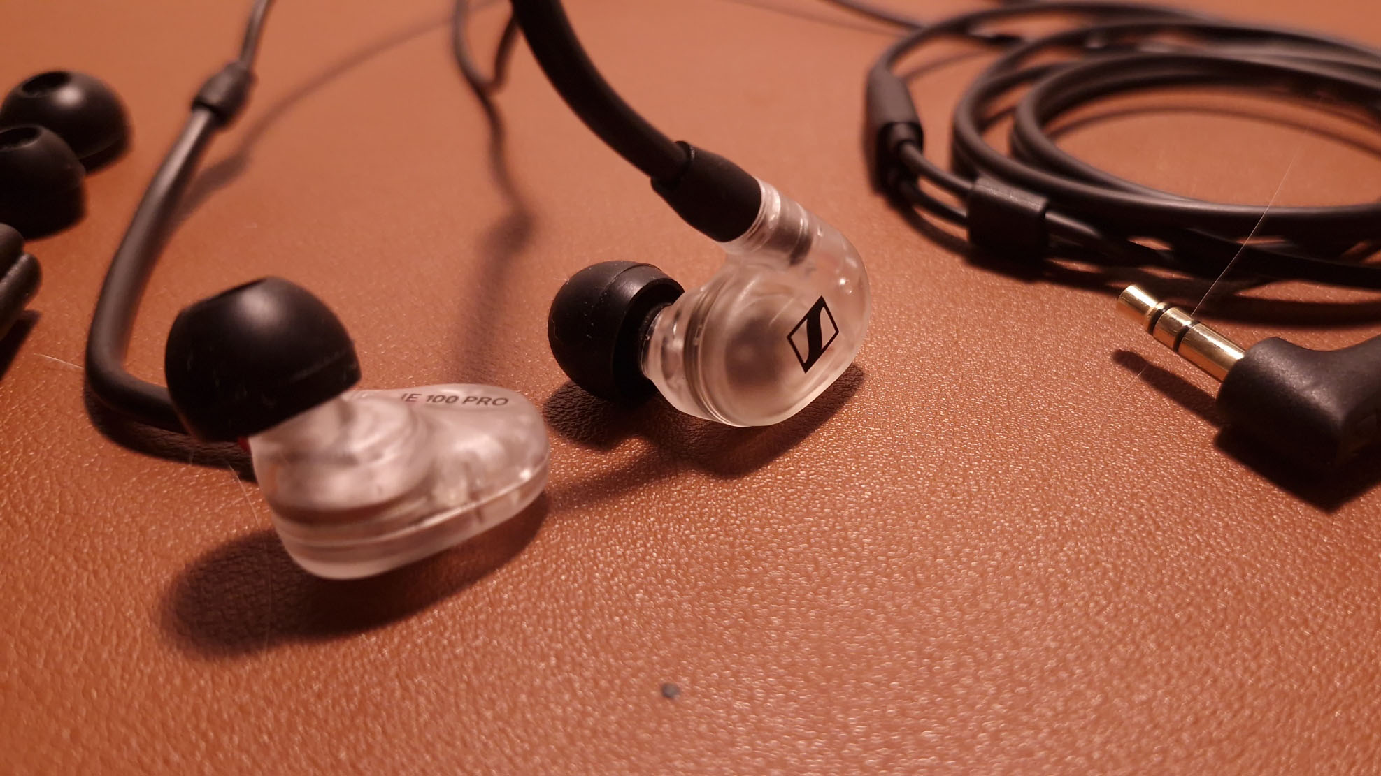 Close up of Sennheiser IE 100 Pro earbuds and jack